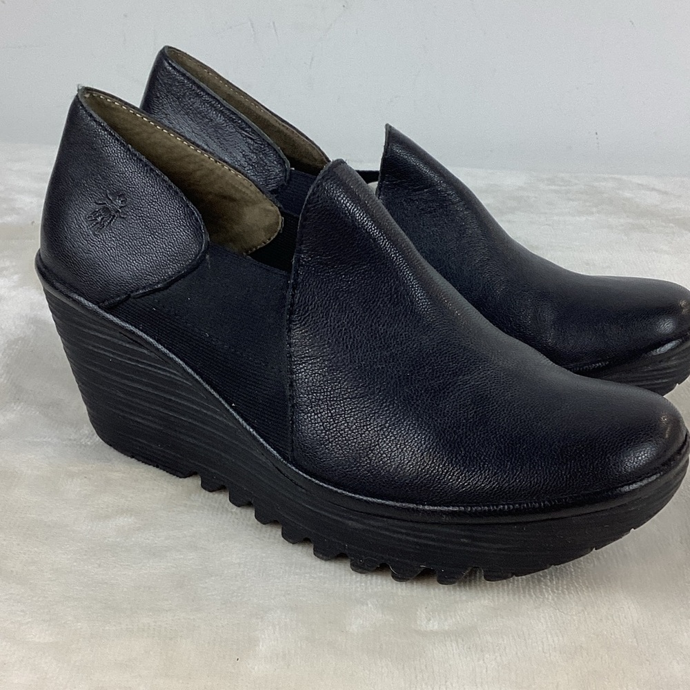 Fly London Black Leather Wedges